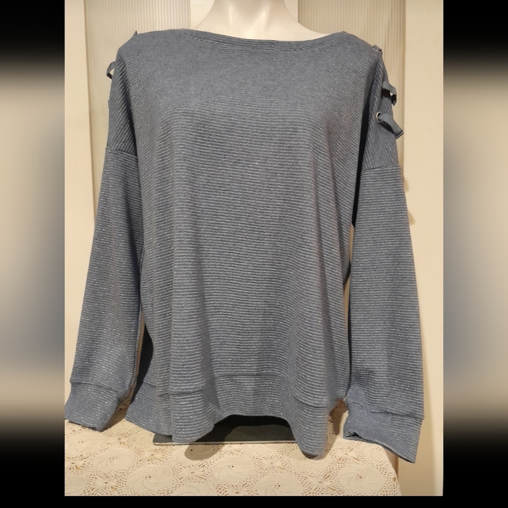 Sunday- Purple & silver sparke striped crew neck light weight sweater Sz XL